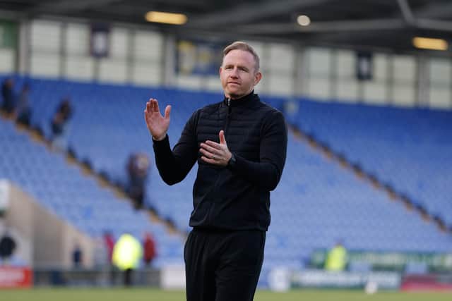 Gavin Cowan manager / head coach of Shrewsbury Town reacts at full time