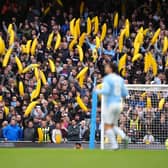 Manchester City fans with inflatable bananas in the stands against Ipswich