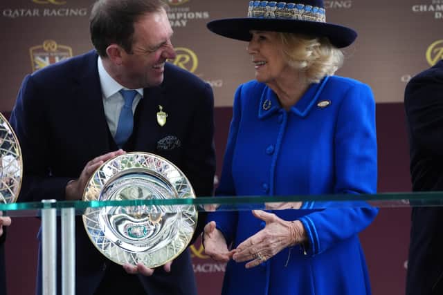 Queen Camilla talks to winning trainer Charlie Appleby at Ascot (Jonathan Brady/PA)