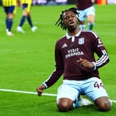 Aston Villa’s Johan Manzambi celebrates his goal against Newcastle