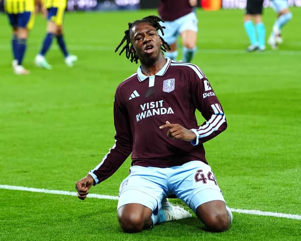 Aston Villa’s Johan Manzambi celebrates his goal against Newcastle