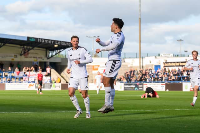 Charlie Williams celebrates after equalising for AFC Telford United Picture: Kieren Griffin