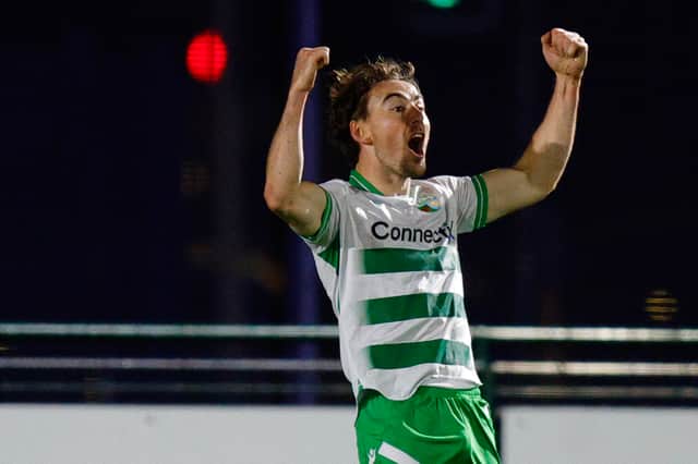 Saints' Dan Williams celebrates after scoring the winning goal against Airbus UK Broughton Picture: James Baylis/FAW