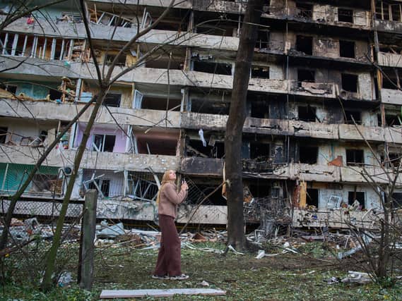 A damaged apartment building in Kyiv