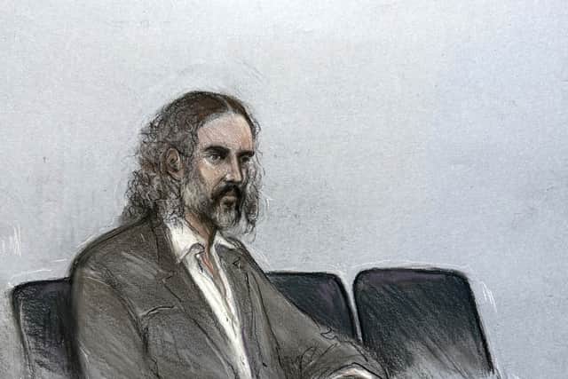 Court artist sketch of Russell Brand in court (Elizabeth Cook/PA)