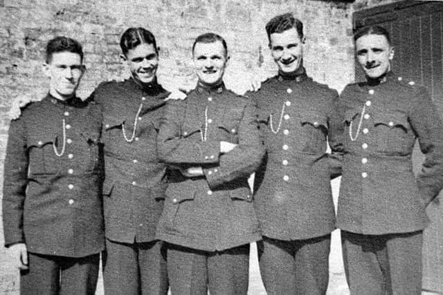 This photo was taken in 1937 in the yard at Shrewsbury Borough Police Station on Swan Hill and shows policemen who started in the force together that year. From left: Ieuan Lloyd, who became a Sergeant; Tom Meredith, who became Superintendent at Wellington; Tom Davies; Jack Laird, who was in the Grenadier Guards before joining the police and was killed in action in North Africa on March 17, 1943; and “Bomber” Mills, who went into the air force. He was killed during the war in an air accident a week after he was married