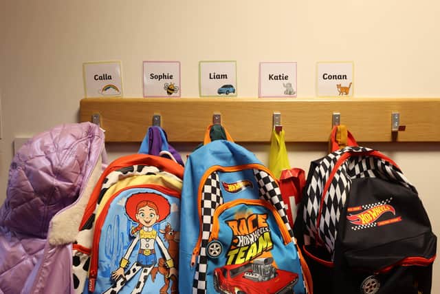 School bags at St Colman’s Primary School in Lambeg, Co Antrim, which received a bomb threat.