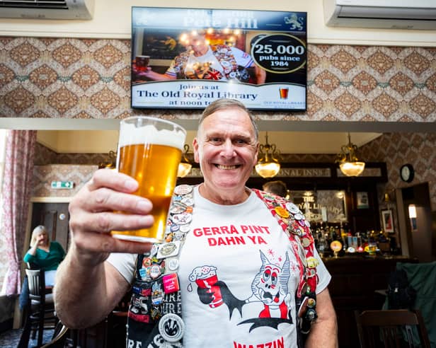 Peter Hill from West Bromwich has forked out around £336,0000 drinking on the world's longest pub crawl has celebrated reaching his 25,000th boozer.
