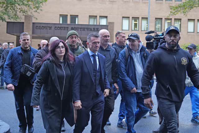 Tommy Robinson outside Southwark Crown Court, where he is charged with the harassment of two journalists between August 5 and 7 2024 (Maja Smiejkowska/PA)