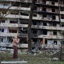 A damaged apartment building in Kyiv