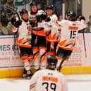 Telford Tigers celebrate Finley Howells scoring their third goal of the night against Basingstoke Bison