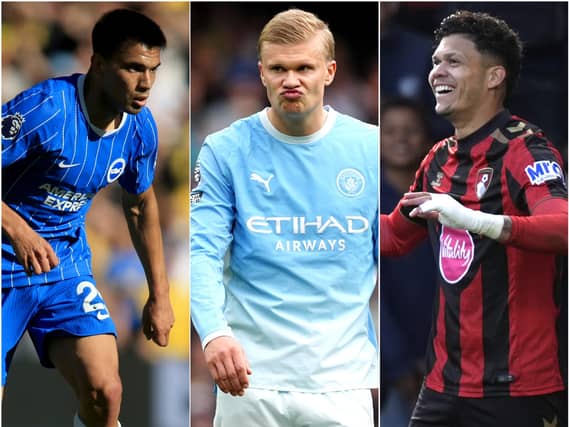 Composite image of Brighton's Diego Gomez, Manchester City striker Erling Haaland and Bournemouth's Evanilson, left to right