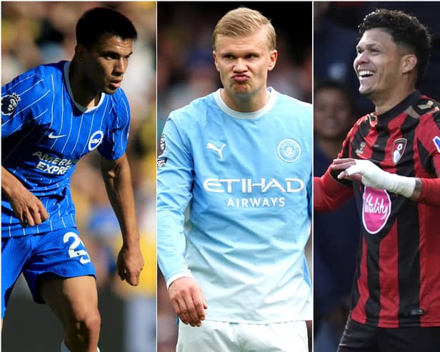 Composite image of Brighton's Diego Gomez, Manchester City striker Erling Haaland and Bournemouth's Evanilson, left to right