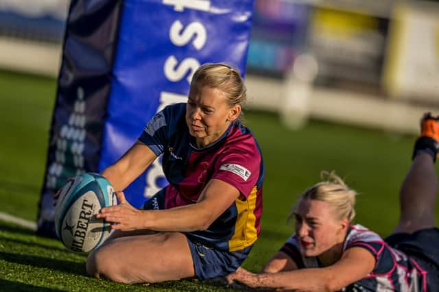 Clee Hill winger Liz Astbury goes over for a try against Stourbridge Picture: Trevor Patchett