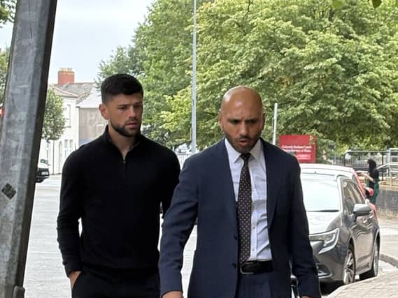 Former boxing world champion Joe Cordina with his lawyer Nadeem Majid at Cardiff Magistrates’ Court in July (Eleanor Storey/PA)