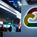 Google Cloud logo in an office building