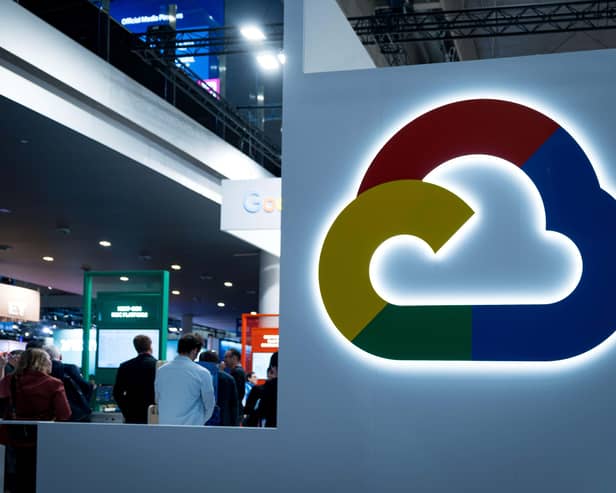 Google Cloud logo in an office building