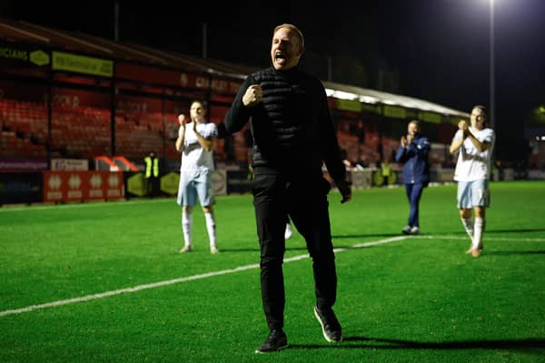 Gavin Cowan celebrates Shrewsbury’s latest win at Crawley.