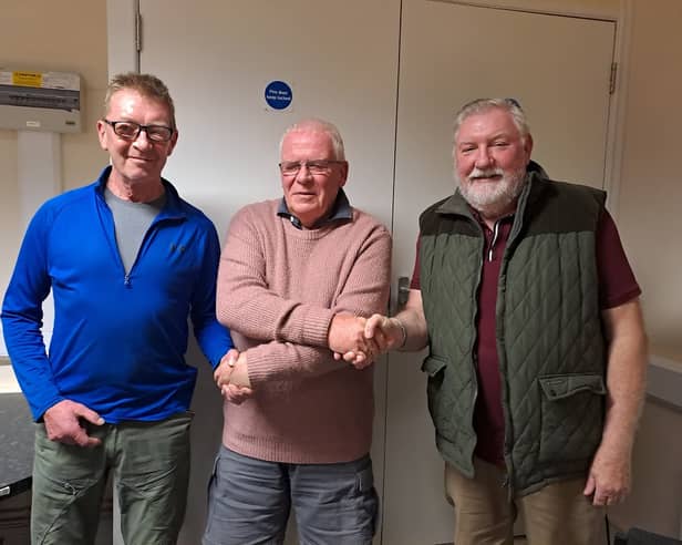 Kington Mayor Councillor Martin Woolford (middle) welcomes Councillor Martin Blackaller (left) and Councillor Leonard Timmins to the council. Councillor Patrick Conrad could not be present.