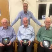 Terrific trio – new Life Members (from left) Pete Driver, Sean Round and Phil Owen seen with Mid Shropshire chairman Chris Hayward