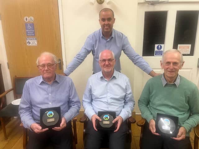 Terrific trio – new Life Members (from left) Pete Driver, Sean Round and Phil Owen seen with Mid Shropshire chairman Chris Hayward