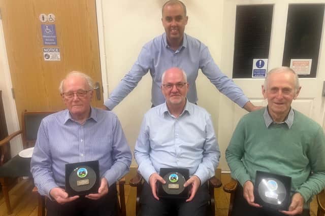 Terrific trio – new Life Members (from left) Pete Driver, Sean Round and Phil Owen seen with Mid Shropshire chairman Chris Hayward