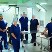 In the new operating theatre at The Robert Jones and Agnes Hunt Orthopaedic Hospital: David Blackwell, Senior ODP Theatre Manager; Jan Maychild, Theatre Support Worker; Nick Mullis, Operating Department Orderly; Emma Thomas, Nurse & AHP Clinical Lead, Theatres; and Yetunde Peluola, Scrub Theatre Practitioner