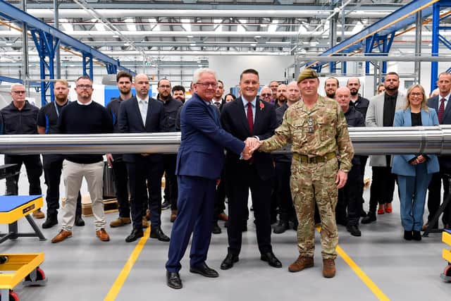 Rheinmetall officially opens its new UK Gun Hall in Telford, pictured from left: CEO Armin Papperger, Defence Secretary Wes Streeting and General Sir Roland Walker