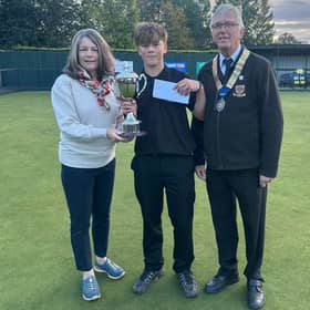 Just champion – Ellis Griffiths with the trophy presented by Jane Jones and county president Andy Jones