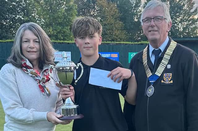 Just champion – Ellis Griffiths with the trophy presented by Jane Jones and county president Andy Jones