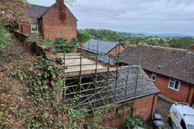 Scaffolding is in place at the town wall in Ludlow. 