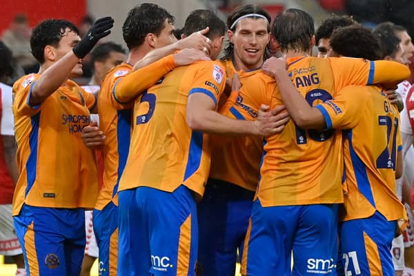 Shrewsbury Town celebrate going ahead at Rotherham United