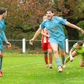 Cain Patterson celebrates his goal for Dawley Town against Brereton Social.