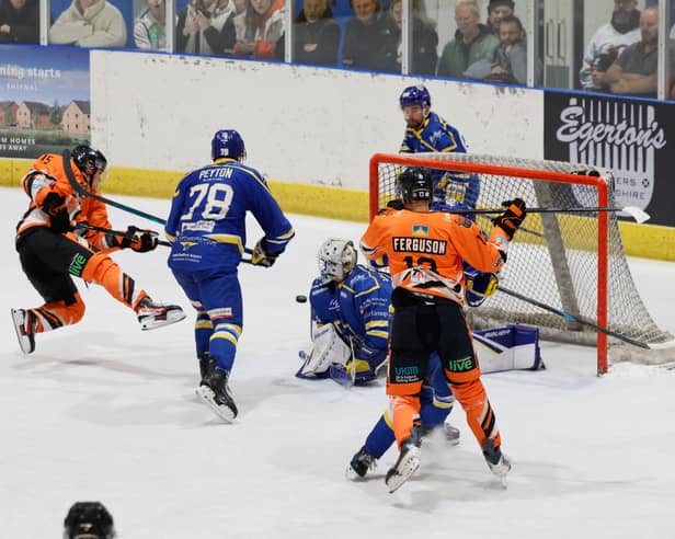 Max Dukovac scores for the Telford Tigers against Leeds Knights Picture: Edward Bowen/eb photography