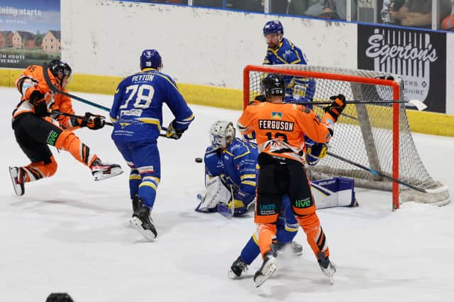 Max Dukovac scores for the Telford Tigers against Leeds Knights Picture: Edward Bowen/eb photography