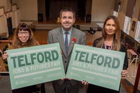 From left: Jo Farnworth from Pride in Place, Telford MP Shaun Davies and Sarah Davies from Telford College are urging job seekers to attend the Telford Jobs and Futures Fair