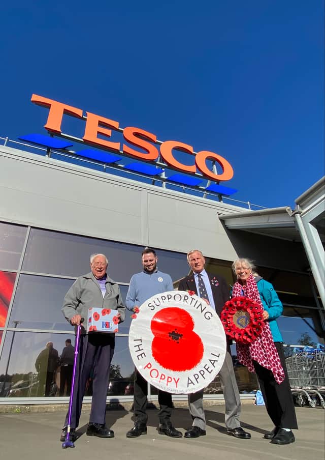 The oldest volunteer, Michael Judge, 93, with store manager Jordan Brown, poppy appeal organiser Caroline Ford and Legion branch chairman Bob McBride.