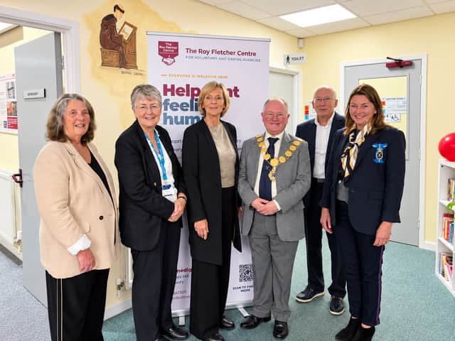 From left at the Roy Fletcher Centre's 30th anniversary celebrations were, Jenny Taylor - Chief Executive, Cllr Heather Kidd - Leader of Shropshire Council, Libby Cooper - daughter of Roy Fletcher, Cllr Bernie Bentick - Mayor of Shrewsbury, Alan Bain - Chair of the Roy Fletcher Centre, and Katy Tanner DL - High Sheriff of Shropshire.