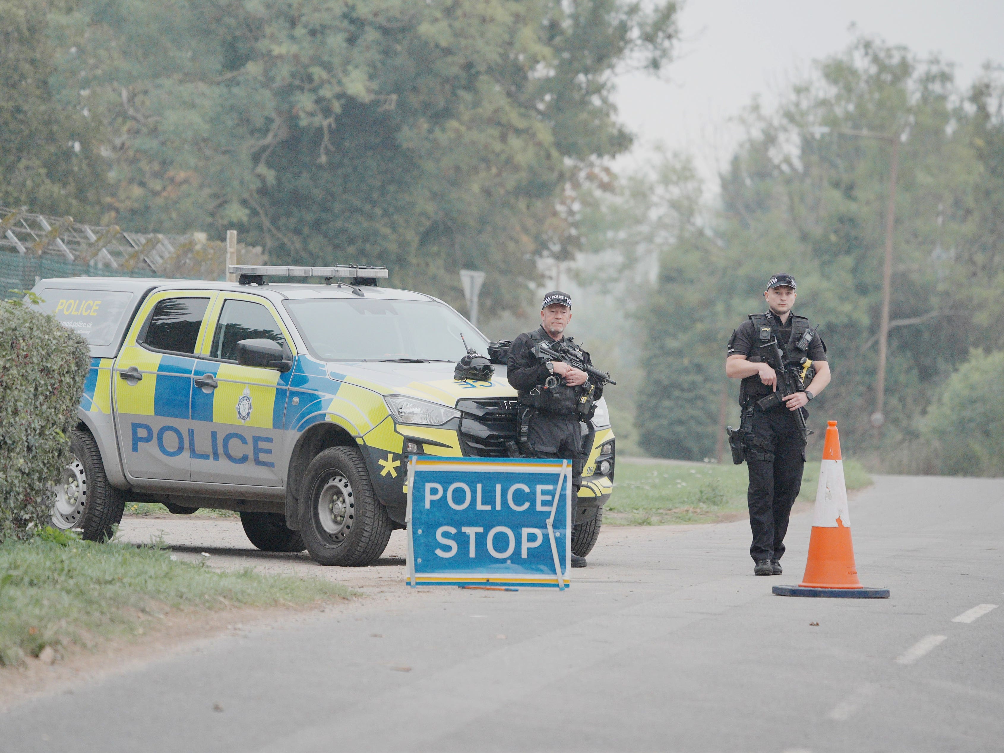 Armed police at a checkpoint near RAF Fairford in Gloucestershire in September