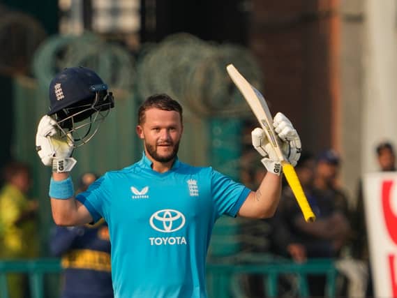 England’s Ben Duckett celebrates after scoring a century