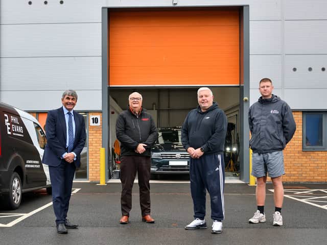 From left: Toby Shaw from Towler Shaw Roberts, Neil Anderson from Morris Property and Phil and Kyle Evans from Phil Evans Vehicle Refurbishment