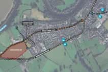 Satellite image and graphic showing the Gipsy Castle Lane site where 84 homes could be built on the outskirts of Hay-on-Wye could look. BHB via PCC.