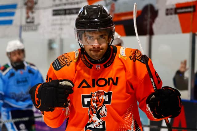Ronny Paragallo celebrates Telford Tigers' second goal of the night against Bristol Pitbulls

