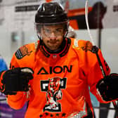 Ronny Paragallo celebrates Telford Tigers' second goal of the night against Bristol Pitbulls
