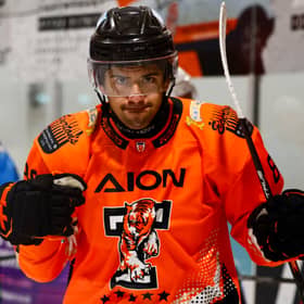 Ronny Paragallo celebrates Telford Tigers' second goal of the night against Bristol Pitbulls
