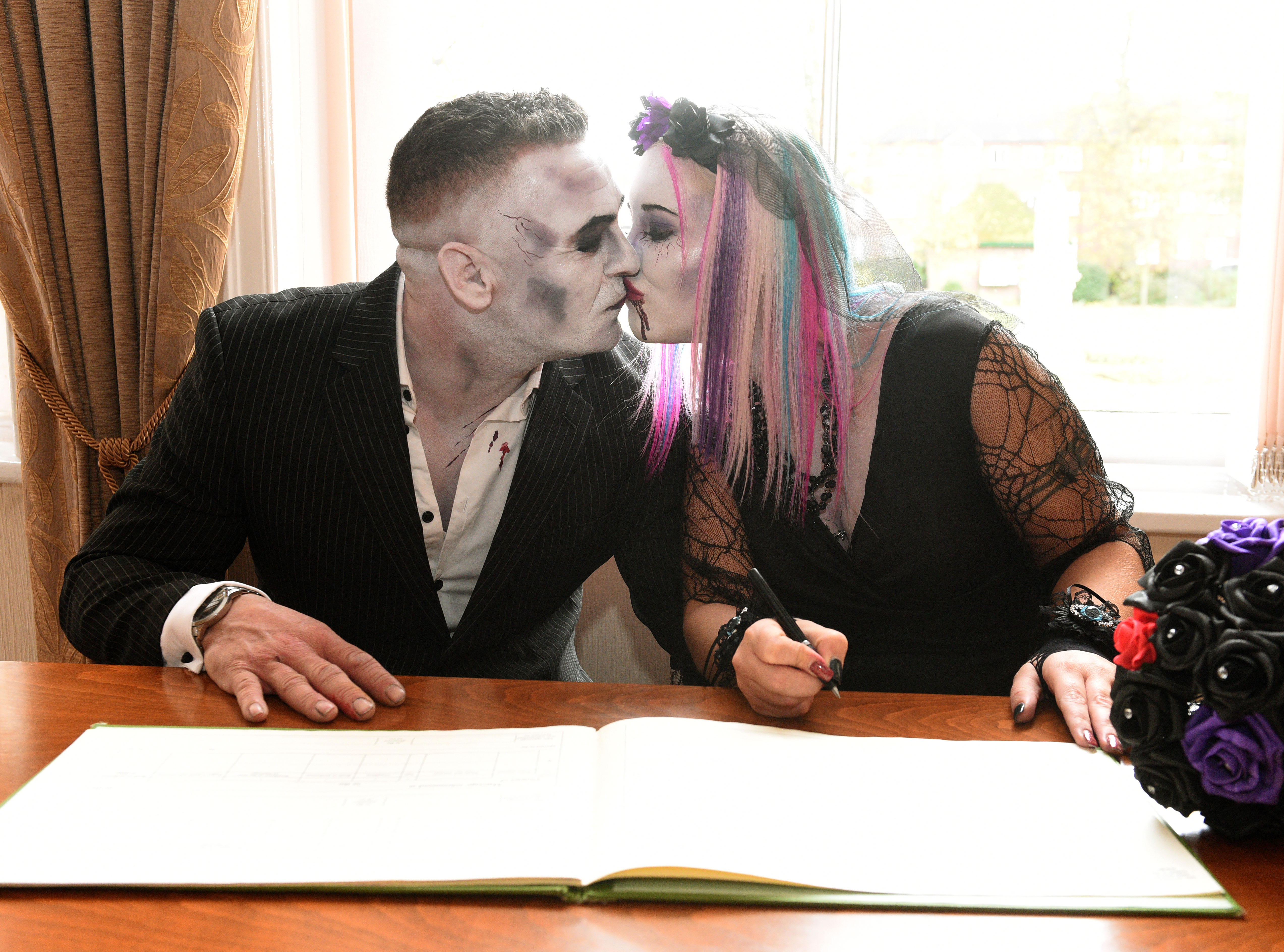 PICTURE FROM THE ARCHIVE: Lovebirds Angela Lloyd and Wayne Boycott gave their big day a spine-chilling twist when they tied the knot in full fancy dress on Halloween. The Burntwood couple traded traditional wedding attire for ghoulish makeup and macabre outfits as they signed the register back on October 31, 2017. Friends and family also got into the spooky spirit, joining the bride and groom in full costume for the hauntingly unique ceremony.