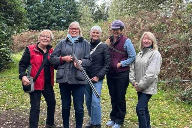 Maureen Proffitt, Sue Wilton-Morgan, Dawn Wickham, Judith Lester and Michele Cook getting to grips with Clay Pigeon shooting