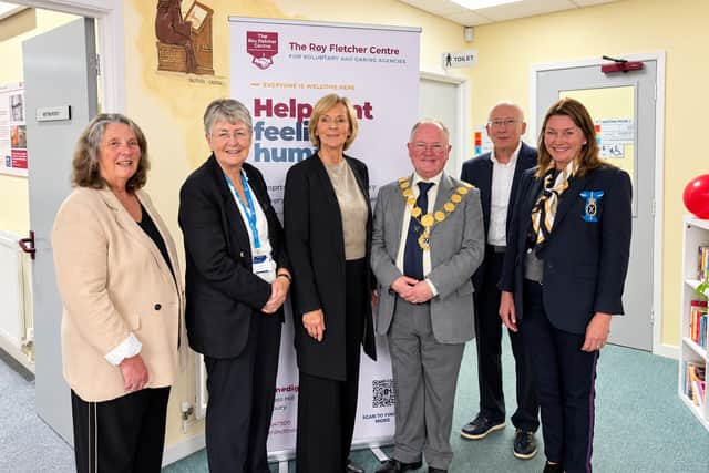 Celebrating 30 years of the Roy Fletcher Centre. From left to right: Jenny Taylor, Chief Executive; Cllr Heather Kidd, Leader of Shropshire Council; Libby Cooper, daughter of Roy Fletcher; Cllr Bernie Bentick, Mayor of Shrewsbury; Alan Bain, Chai