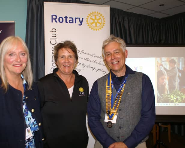Gemma Hargreaves (centre) with Shrewsbury Severn Rotary Club’s vice president Joycelin Hoyland (left) and president Johnathan Callwood (right)