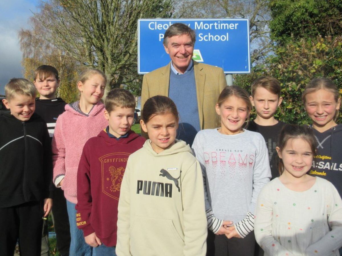 Pupils on the school council at Cleobury Mortimer Primary School welcome local MP Philip Dunne